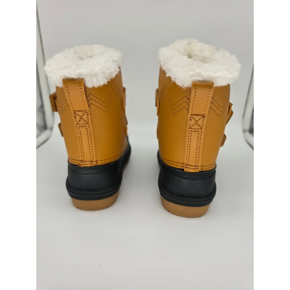 Cat & Jack Toddler Kids Tan Black Faux Fur Lined Duck Boots Size 7 Hook Loop
